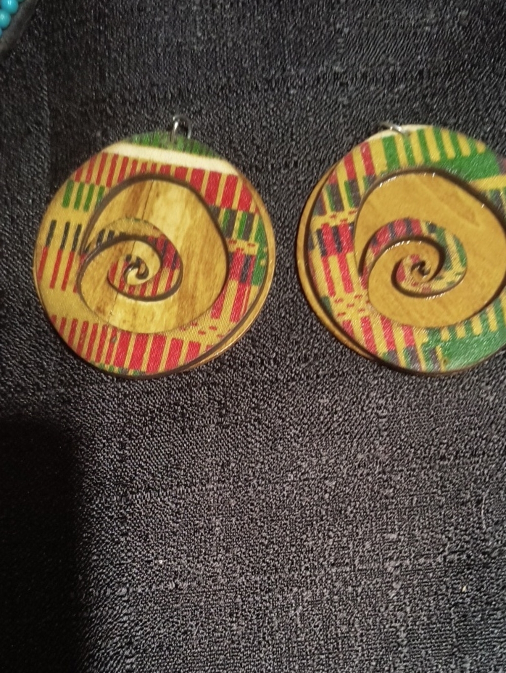 Hand Crafted Wooden Spiral Drop Earrings in Green, Red & Yellow